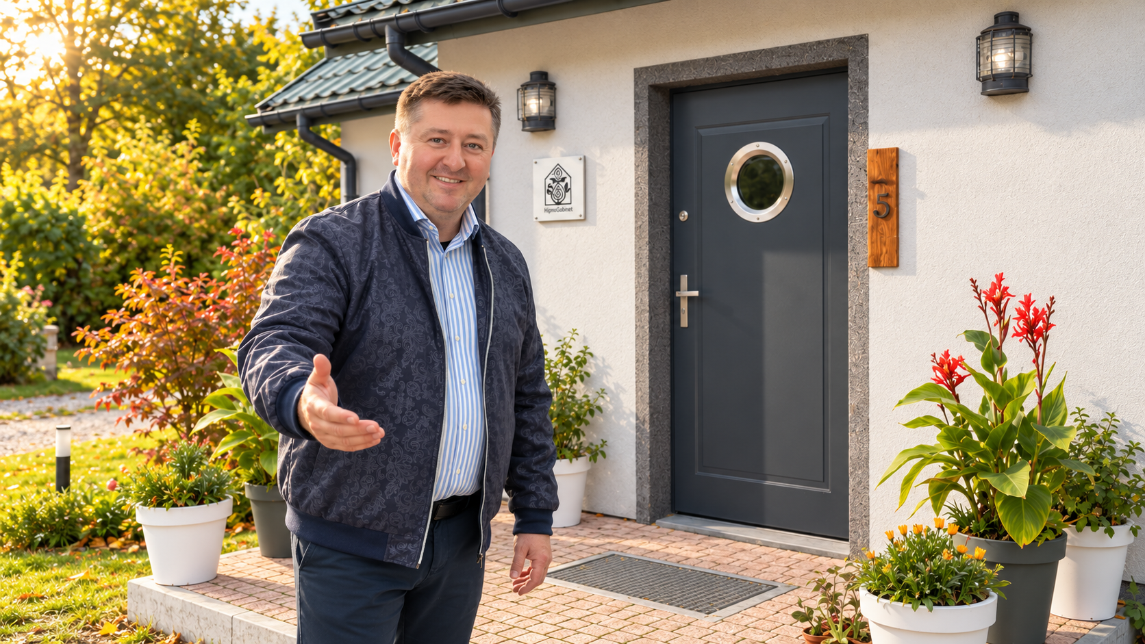 Erwin Pitula z uśmiechem i zapraszającym gestem przed wejściem do HipnoGabinetu, w otoczeniu ogrodu.
